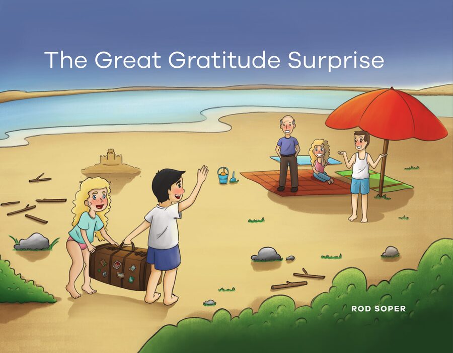 Cover of The Great Gratitude Surprise by Rod Soper: two children carry a suitcase across a beach while their family waves